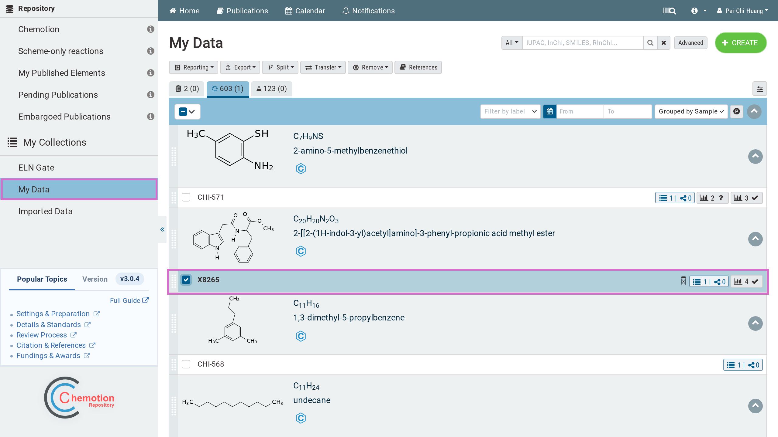 Chemotion Repository - the My Data collection with one sample selected