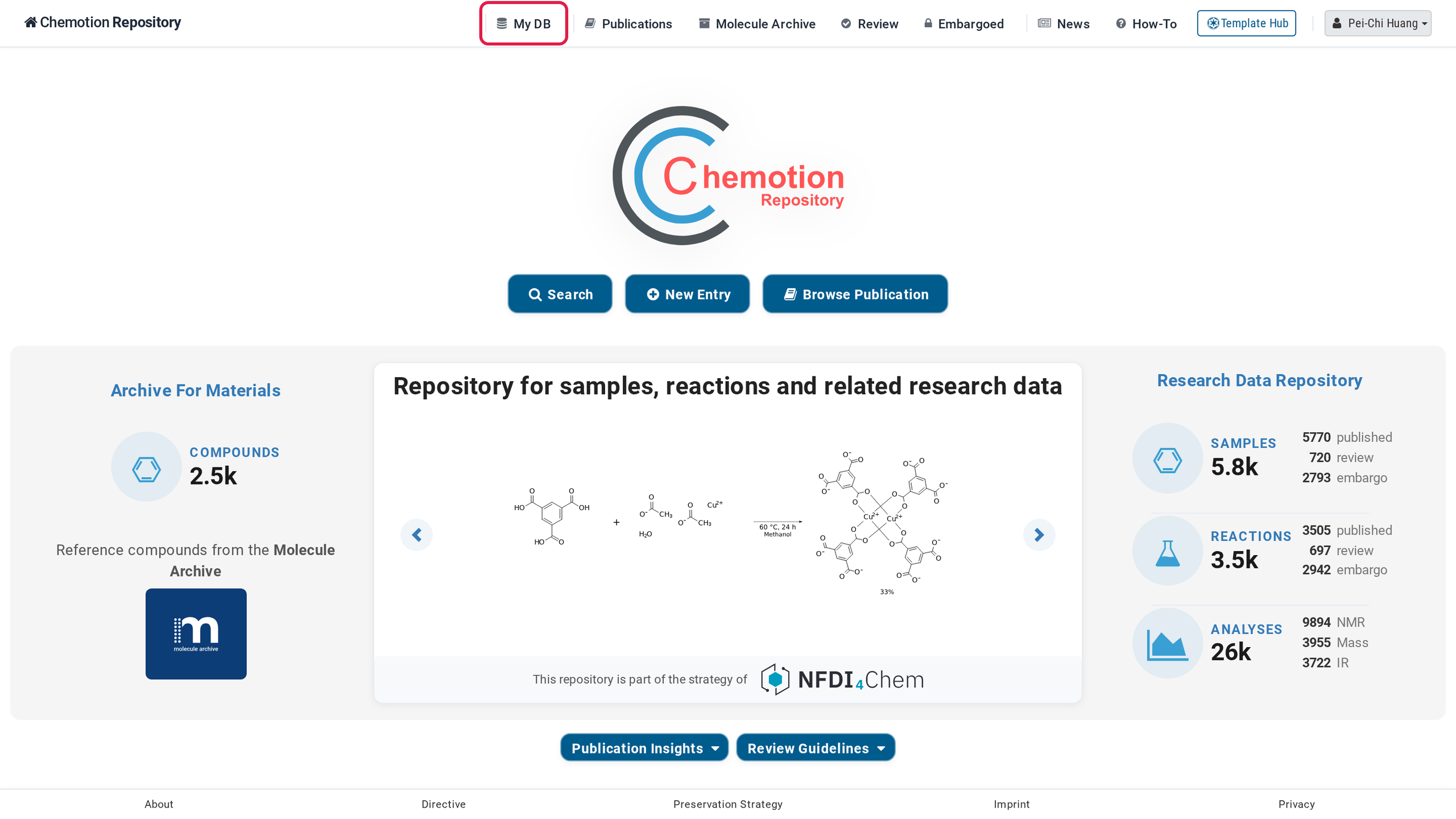 The landing page once signed in, with the My DB navigation entry highlighted