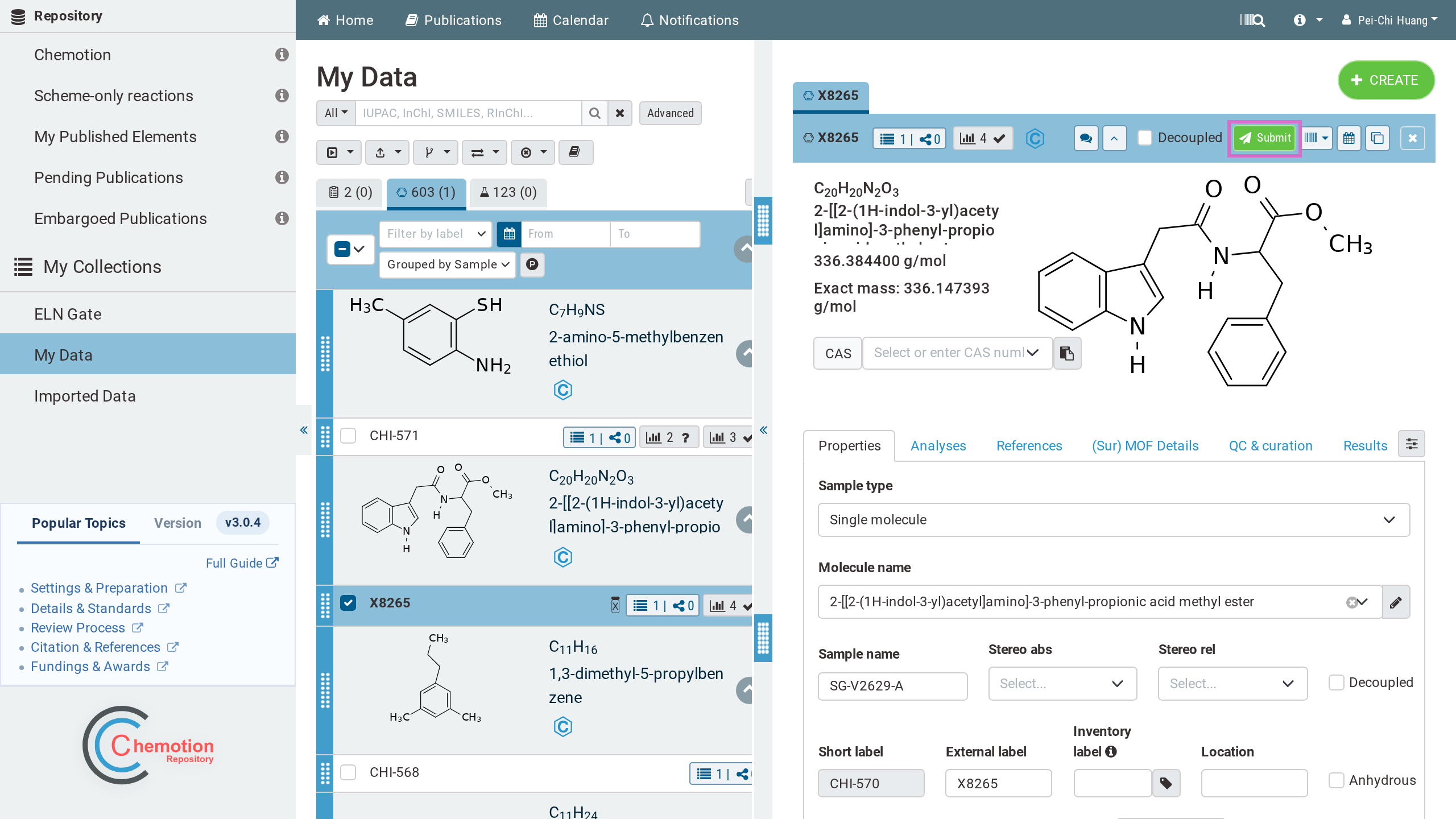 Chemotion Repository - the green Submit button in the sample detail panel