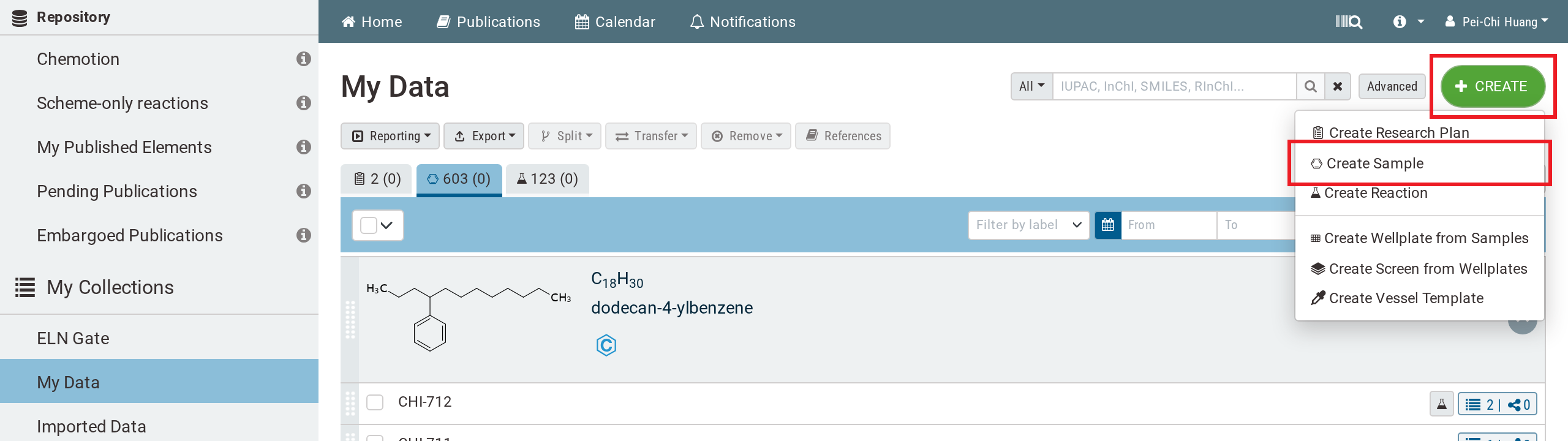 The Create menu in the workspace toolbar, with Create Sample highlighted