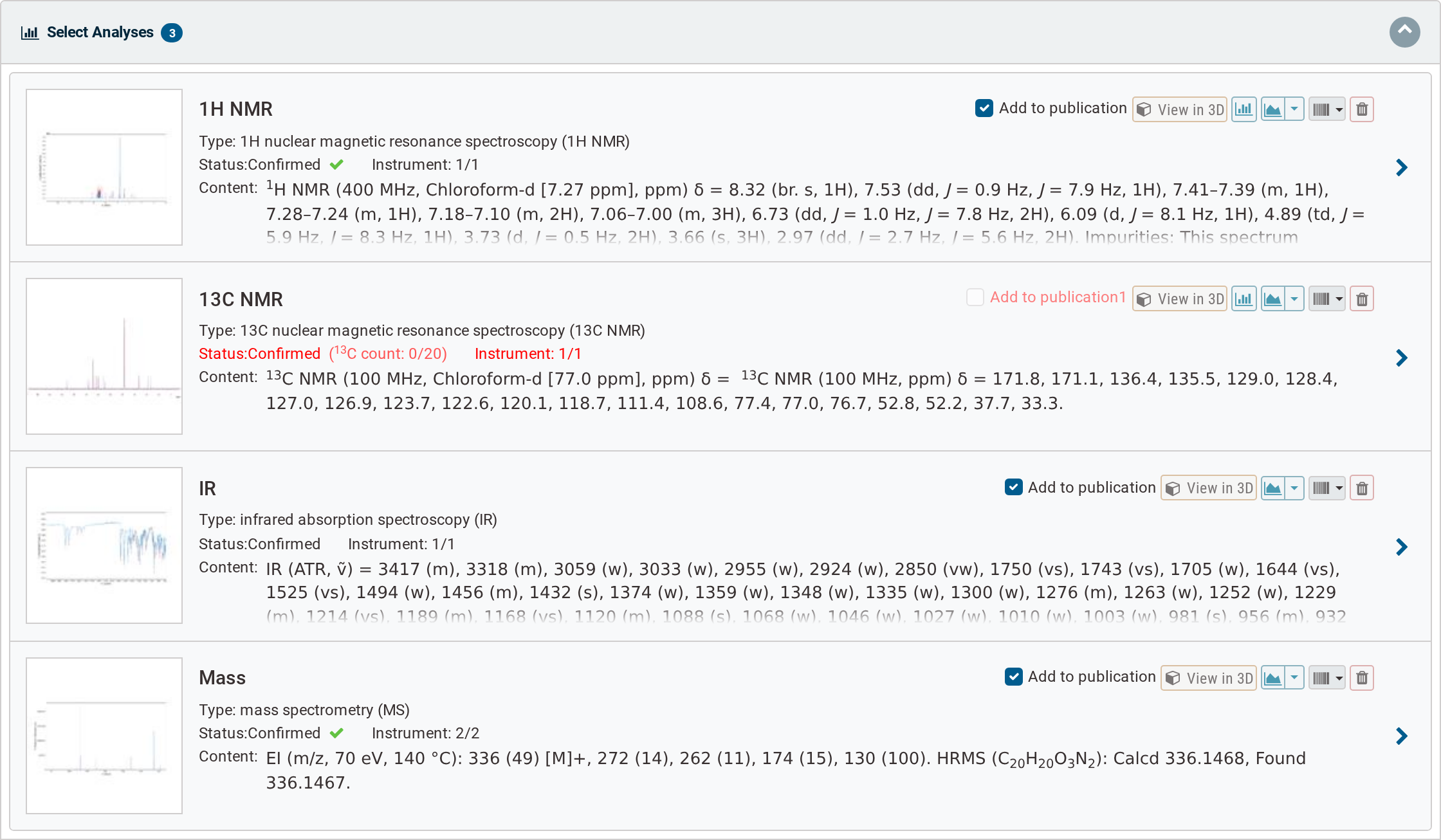 Chemotion Repository - the Select Analyses section of the publication panel