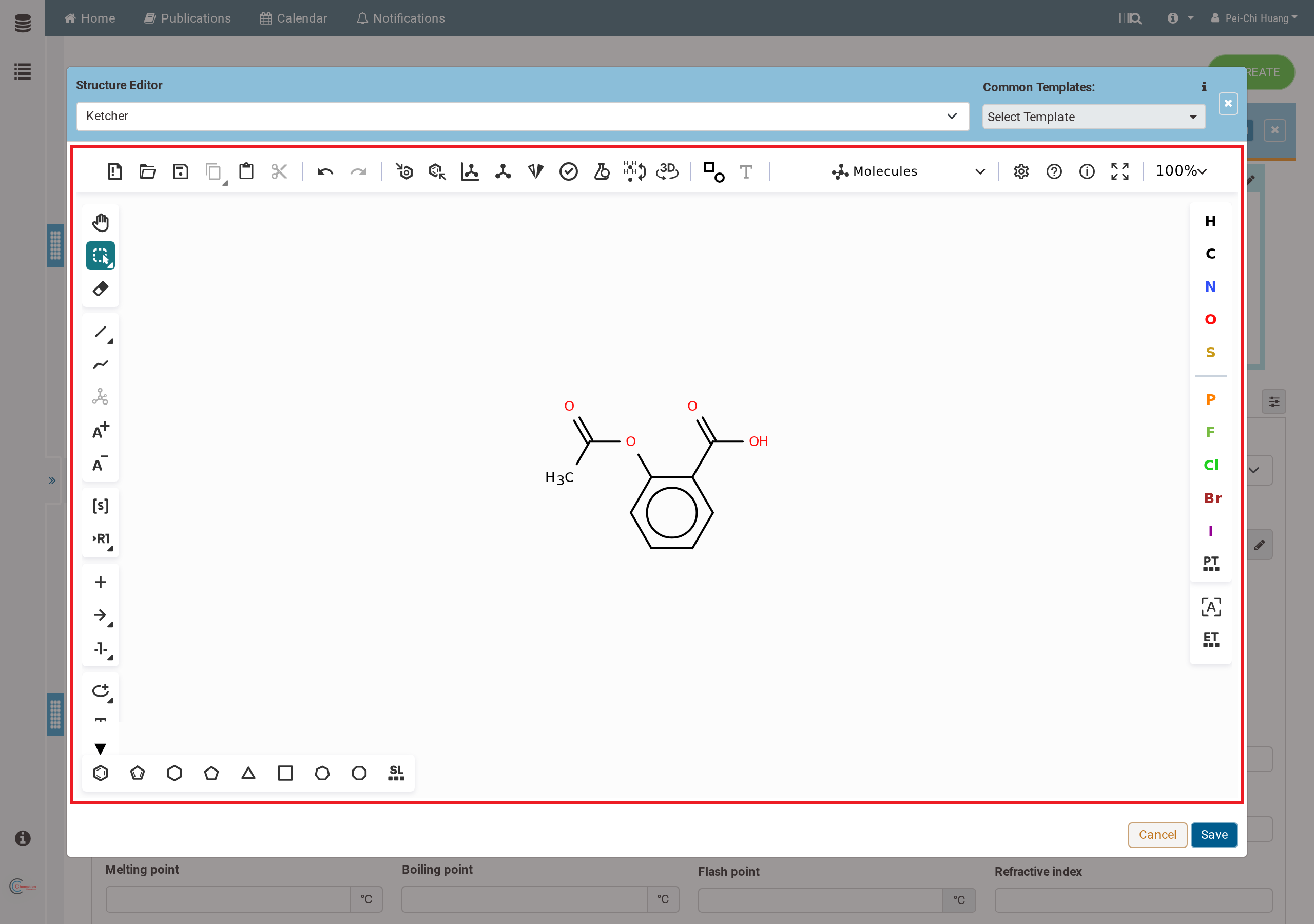 The structure editor open, with a molecule drawn in it