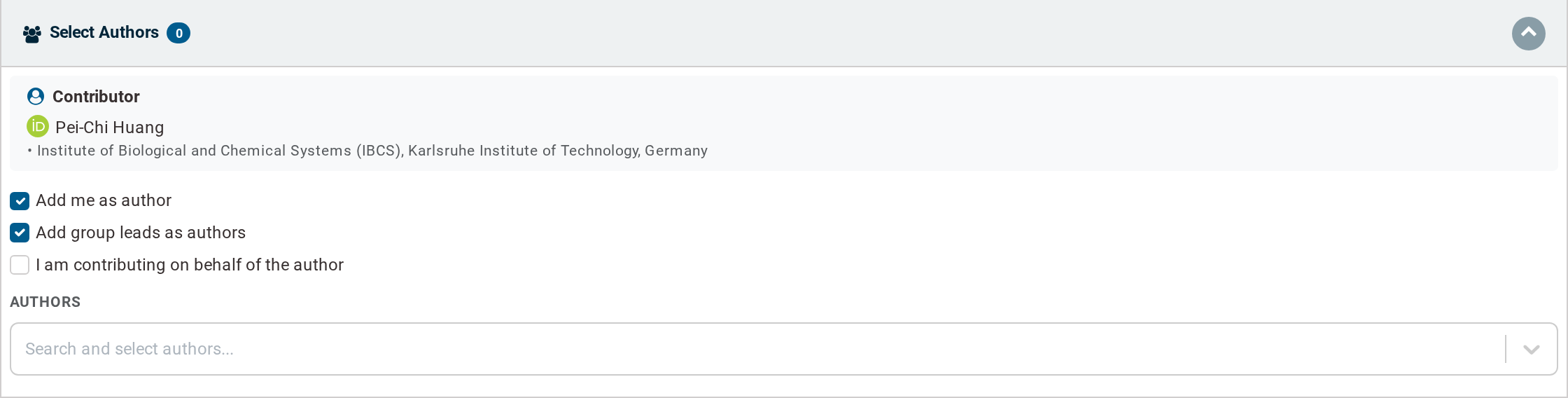 Chemotion Repository - the Select Authors section of the publication panel