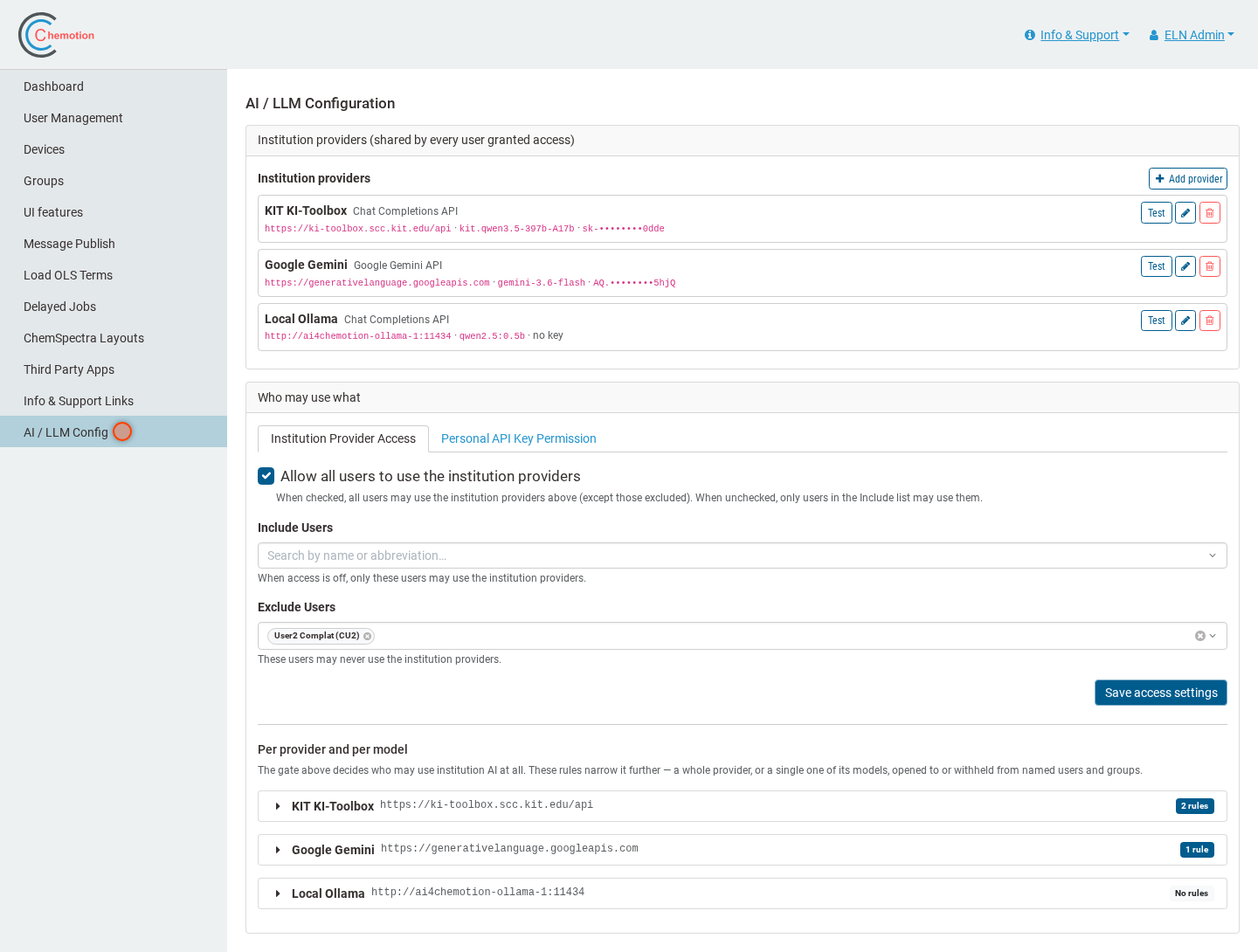 The AI / LLM Config section of the admin interface