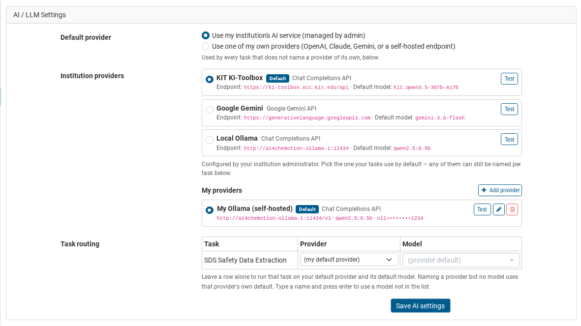 AI/LLM settings in the user profile